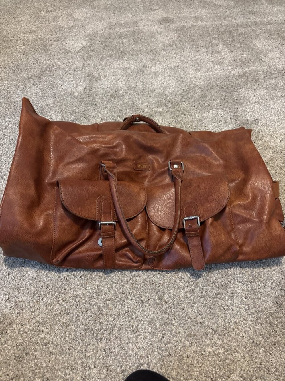 ITIEZY Convertible Garment Duffel Bag Cognac Faux Leather Weekender Carry-On